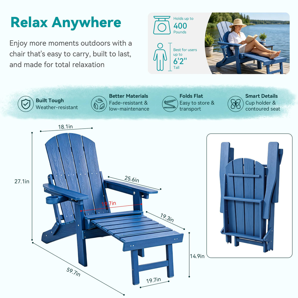 Folding Adjustable Adirondack Chairs Set of 2 with Footrest V52780