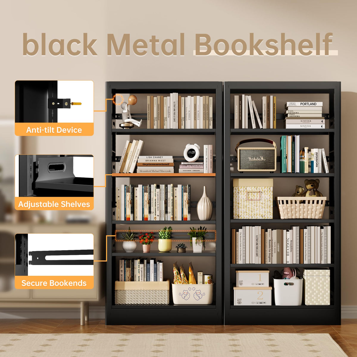Black 5-Tier Metal Bookcase with Adjustable Shelves G339