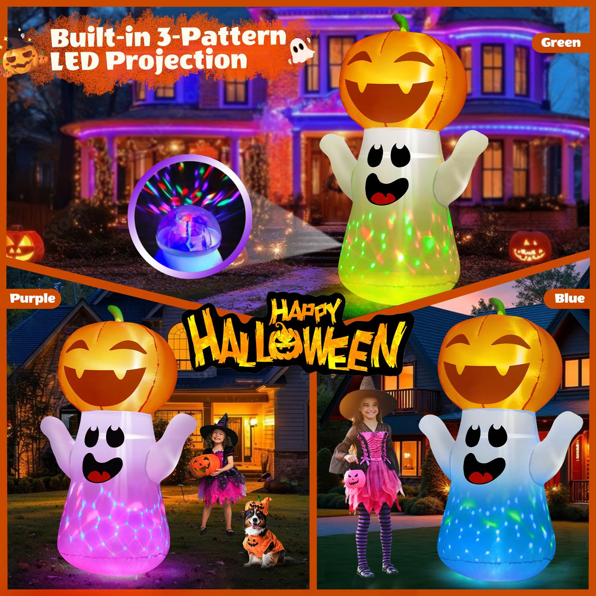 5FT Halloween Inflatables Pumpkin Ghost Built-in 3-Pattern Colorful Flashing Light T480635