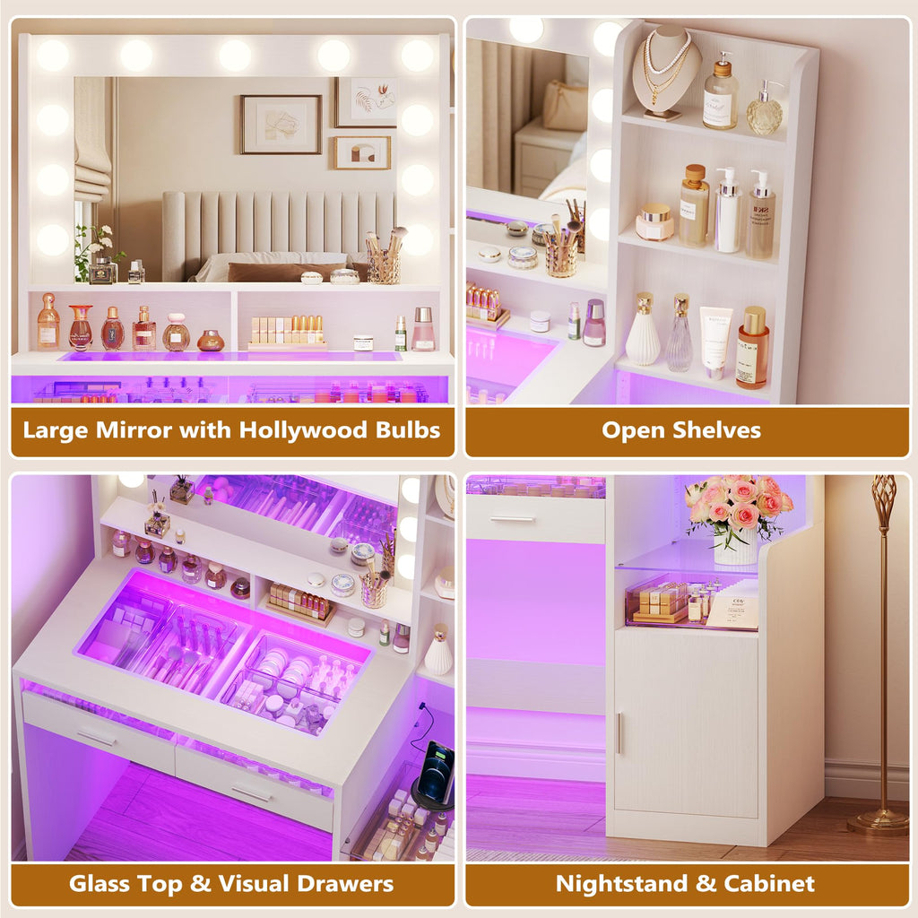 White Vanity Desk with Mirror and Lights I586987