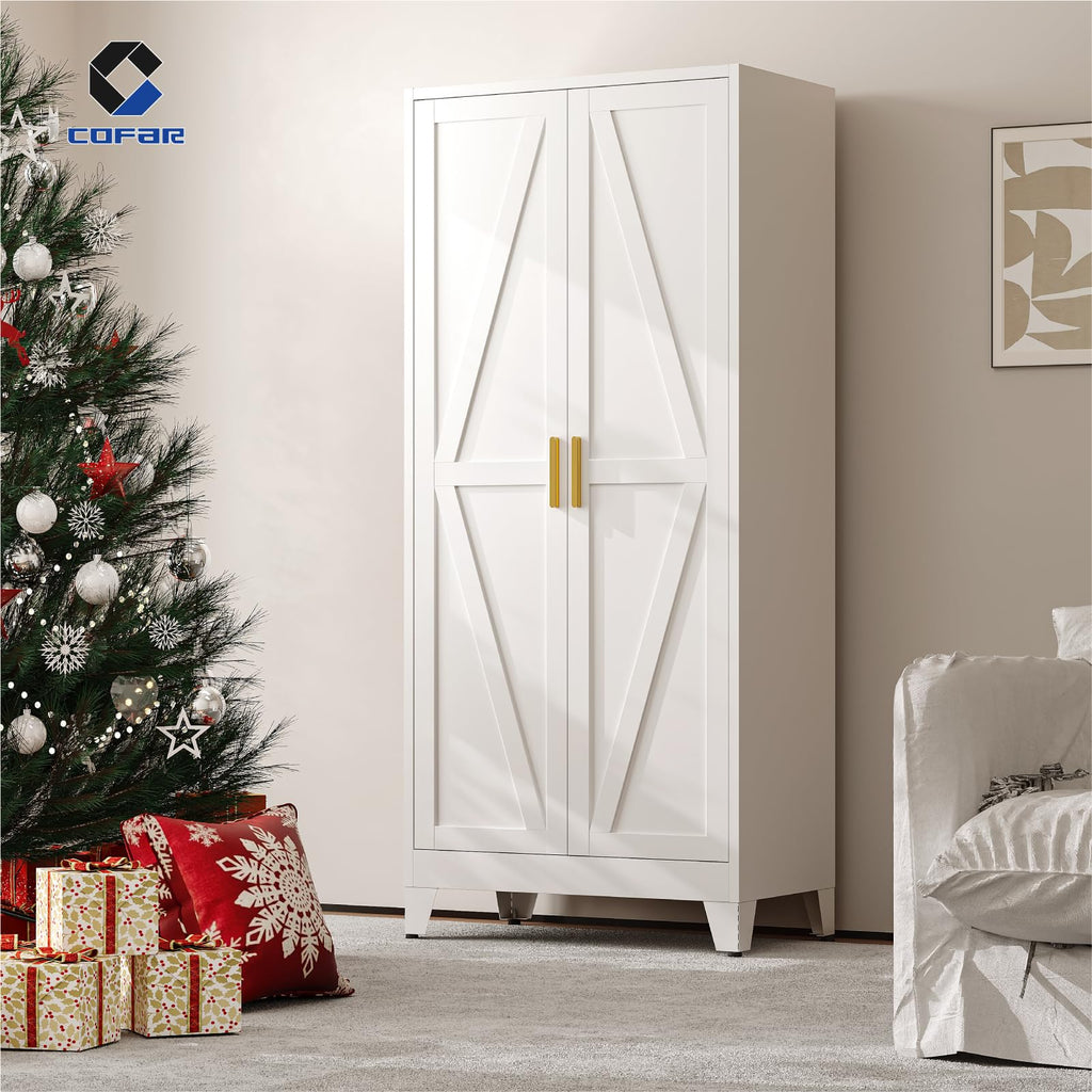 Metal Wardrobe Closet with Doors, 71'' Tall Steel Armoire with Shelves V85028