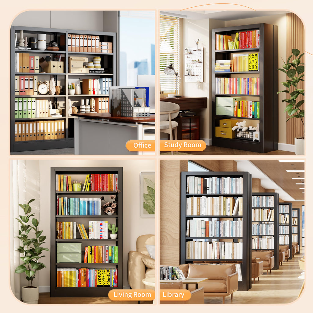 Black 5-Tier Metal Bookcase with Adjustable Shelves G339