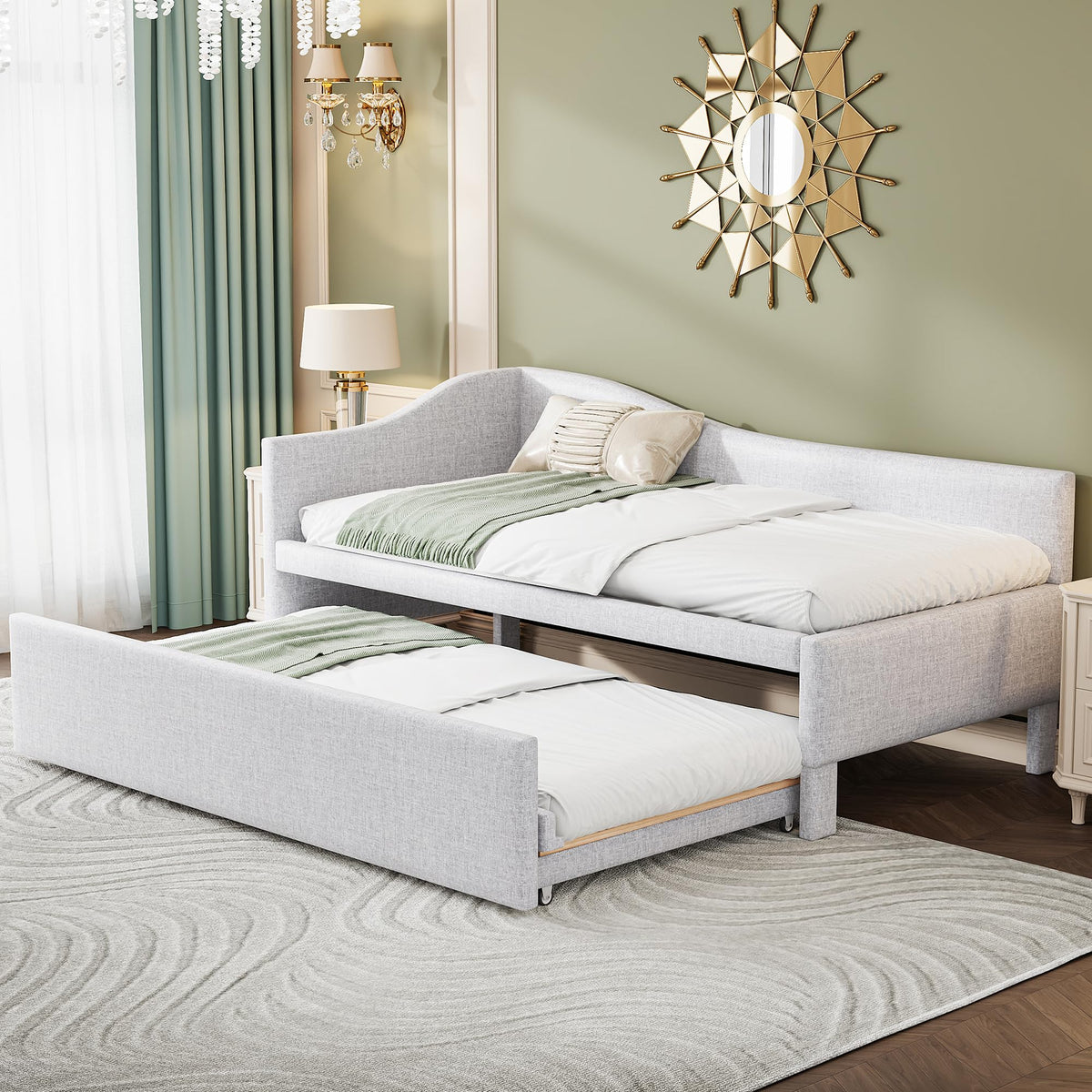 Twin Size Upholstered Linen Daybed with Pop up Trundle I6709