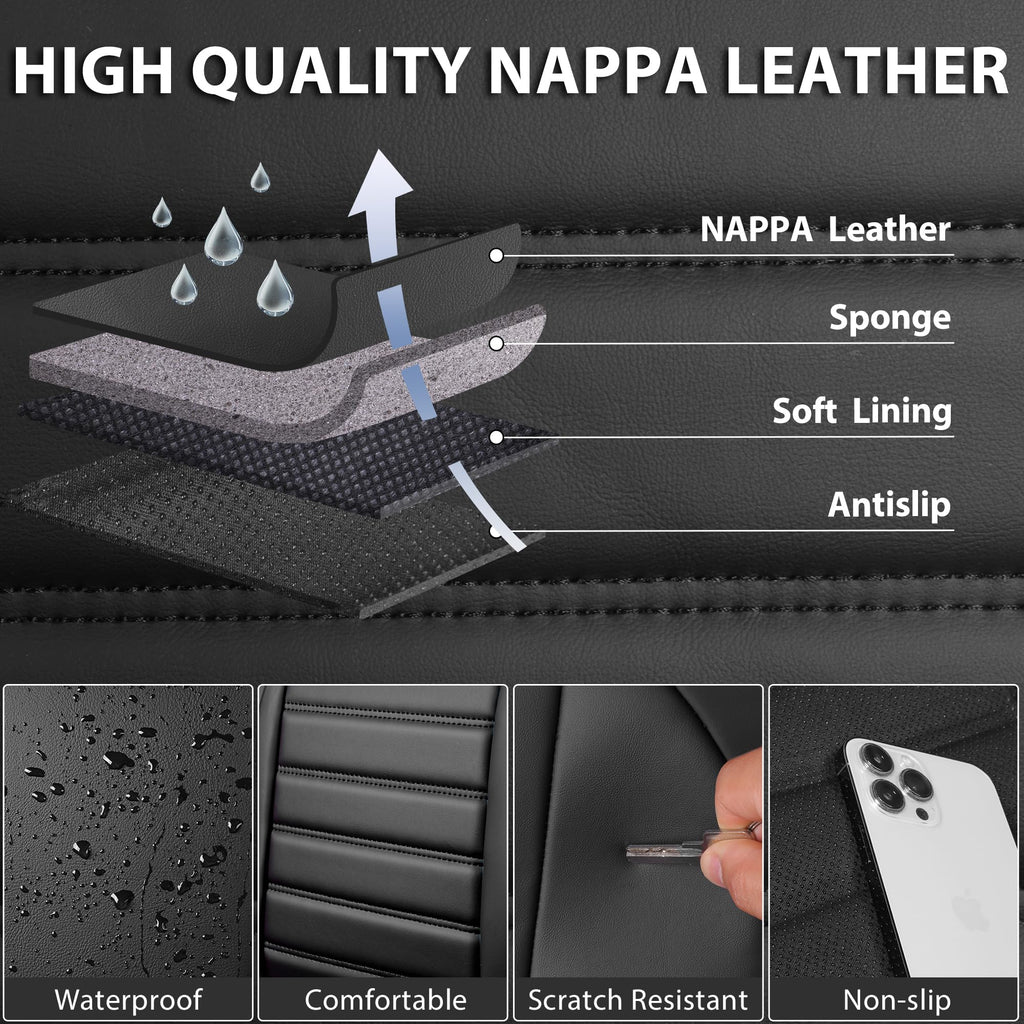 Nappa Leather Car Seat Covers Full Set, Waterproof Anti-Slip, Black E936