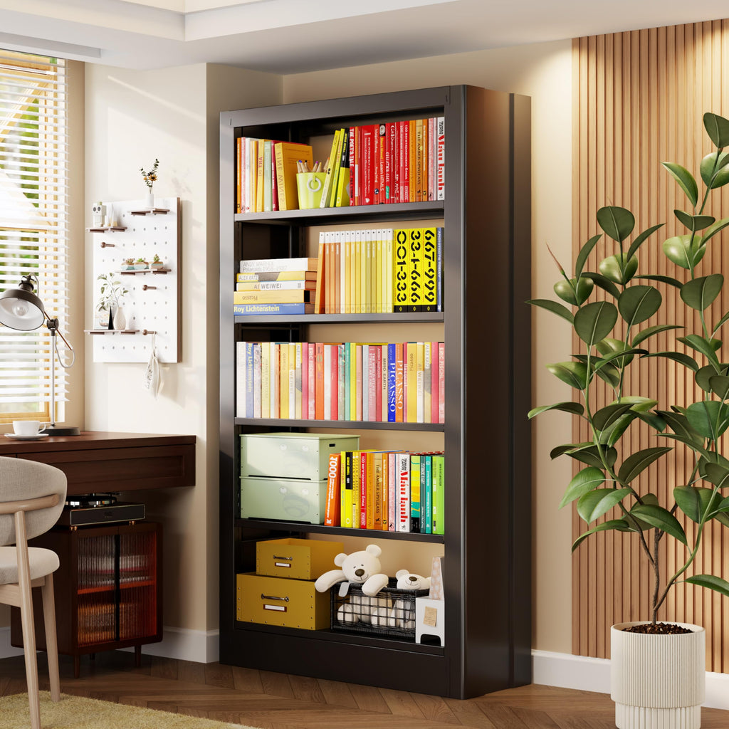 Black 5-Tier Metal Bookcase with Adjustable Shelves G339