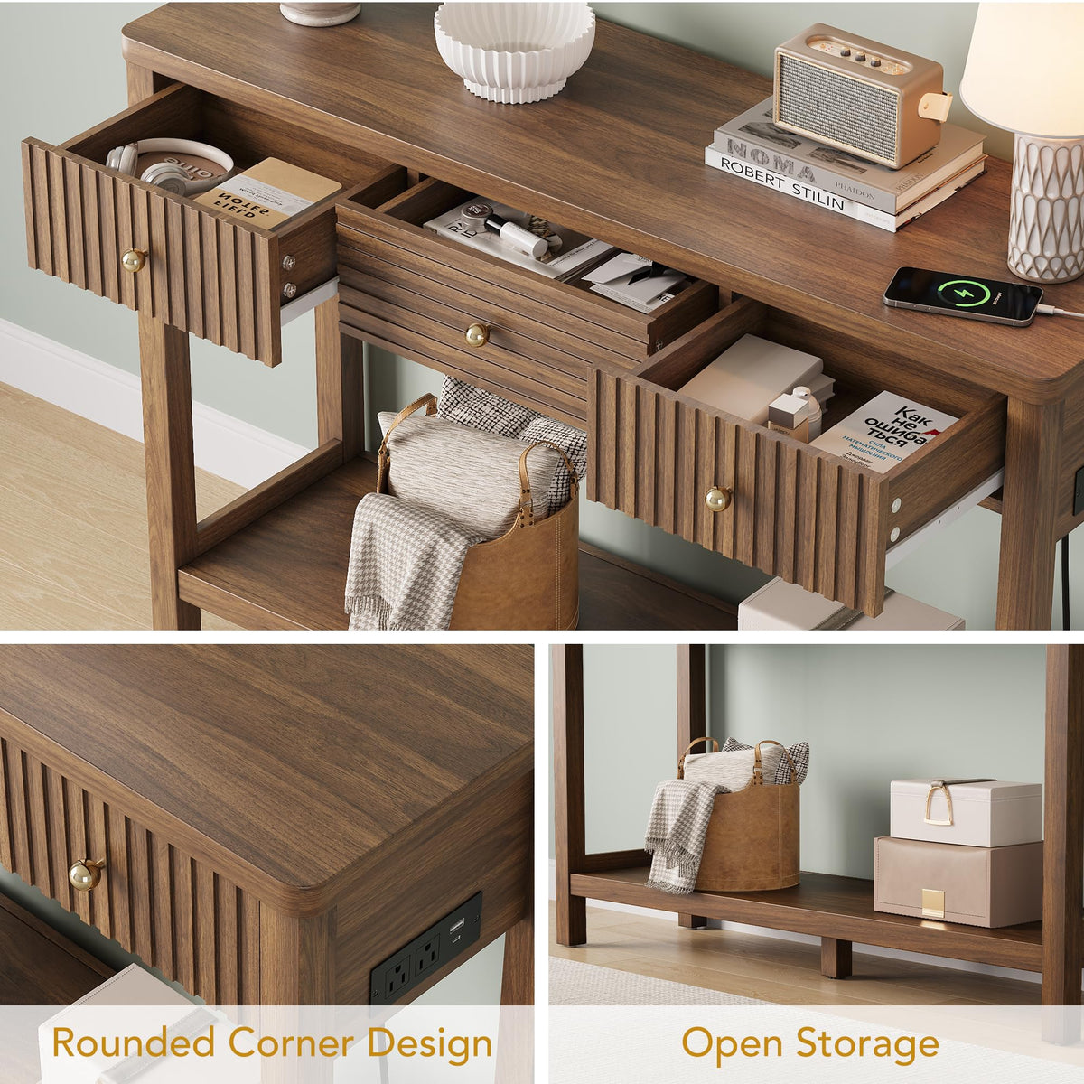 47'' Fluted Console Table with Charging Station & 3 Drawers N8486